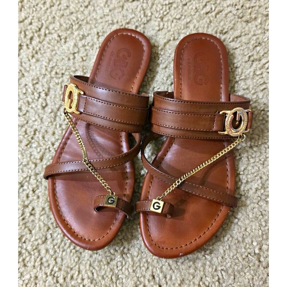 GBG Women’s Brown Strappy Slide Sandals, Logo Chain, Slip-On, Synthetic, 6